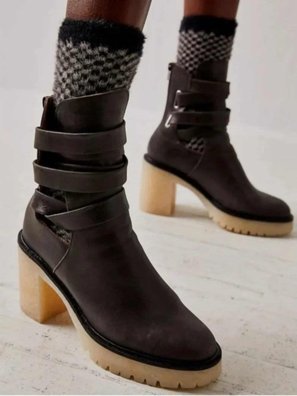 NEW Free People Jesse Cutout Leather Boots Bitter Brown Chunky Cream Heel 41/10